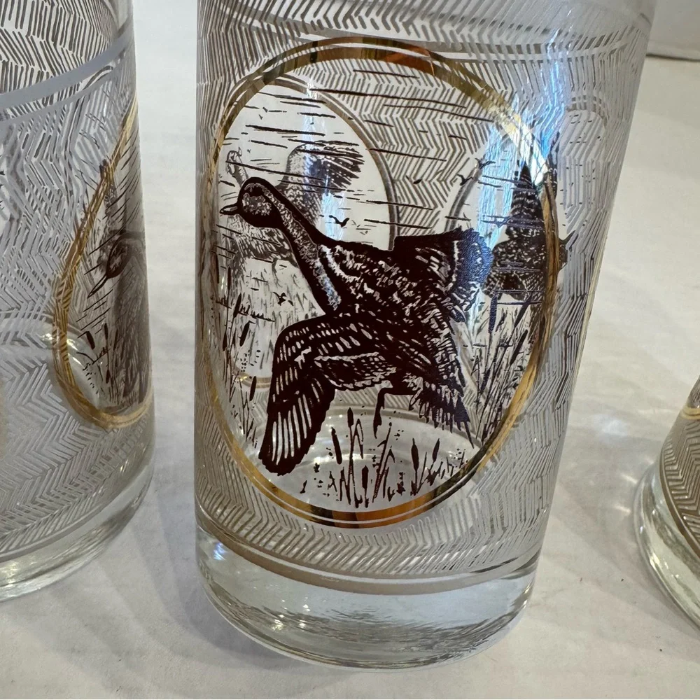 3 VTG 1970s MCM Libbey Highball Pheasant Glasses Game birds Brown Gold